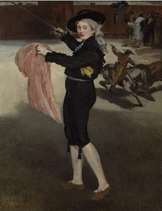 Junge in historischer Kleidung hält ein rosafarbenes Tuch und eine Flöte, Hunde und Personen im Hintergrund.